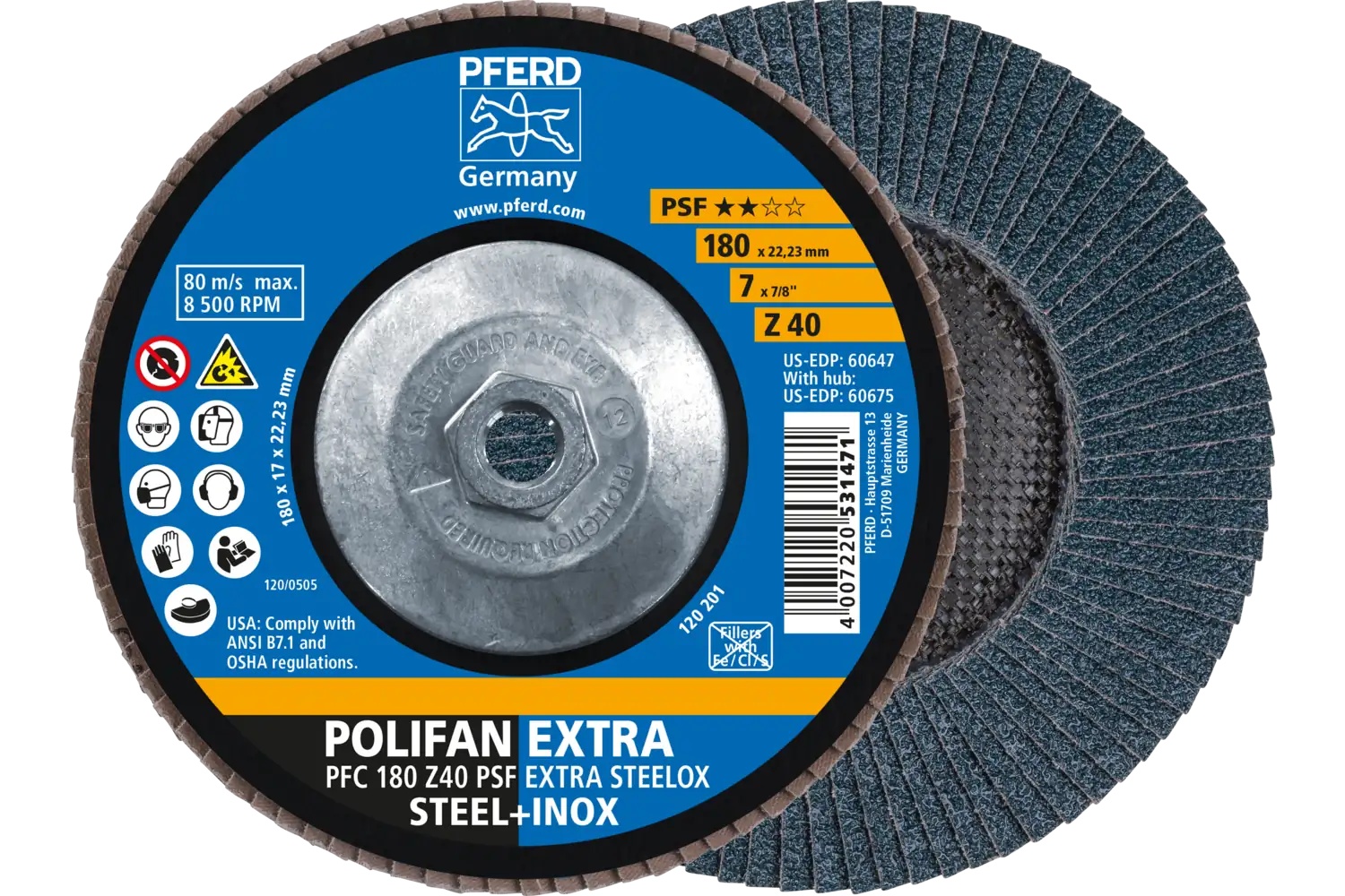Picture of Pferd Flap Disc, 7" x 5/8-11, Z PSF Extra Steelox, 40 Grit, T29, Conical, Zirconia
